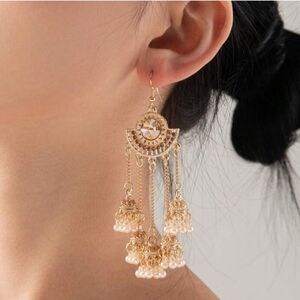 Indian Jhumka Cubic Zirconia Long Bell Faux Pearl Tassel Earrings